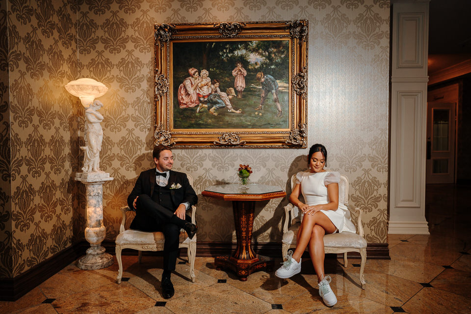 Elegant wedding portrait inside Château Vaudreuil